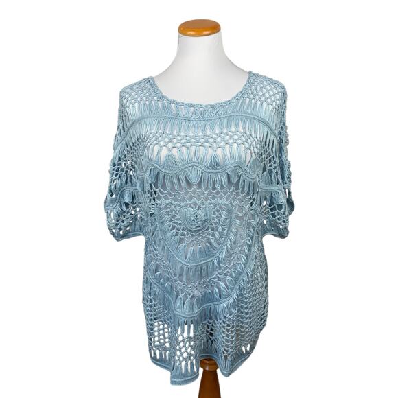 New Roamans Crochet Blouse Blue Open Knit Top Short Sleeve Women's 18 20 - Picture 1 of 10